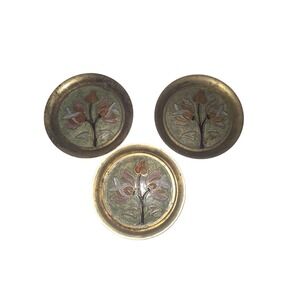 Vintage 3 PC Set‎ Of Brass Inlaid Coasters Trinket Holders Earring/Ring Dish